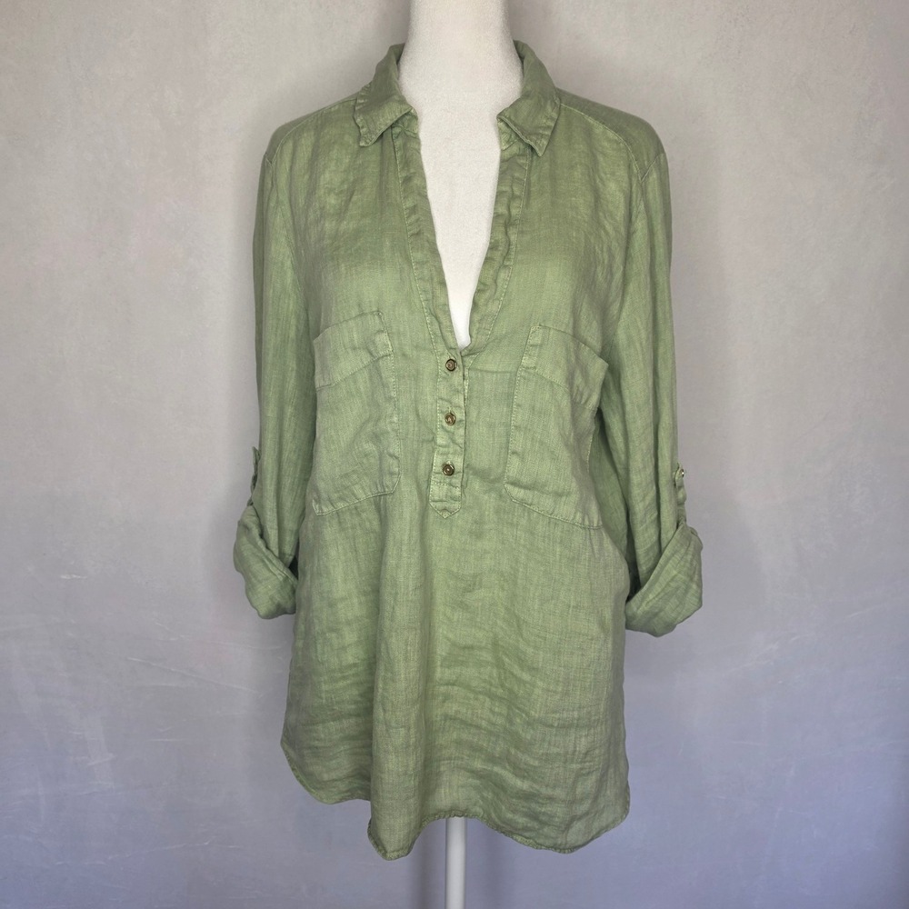 Zara 100% Linen Popover Tunic Top in Sage Green earthy lagonlook coastal